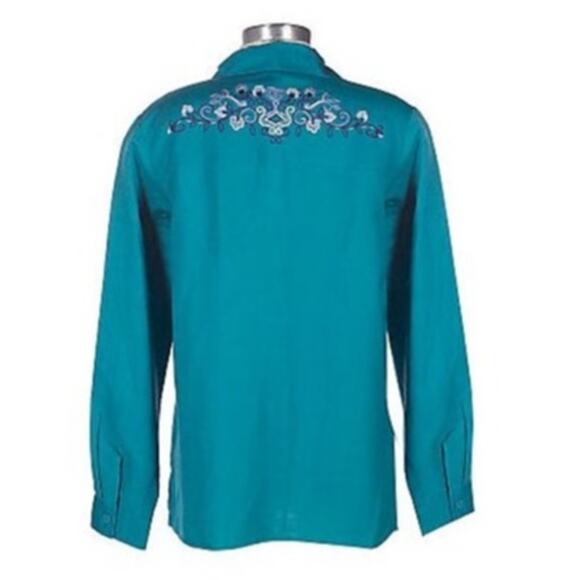Susan Graver Linen Rayon Long Sleeve Shirt Embroidered & Beaded Teal Green XL - Picture 2 of 10